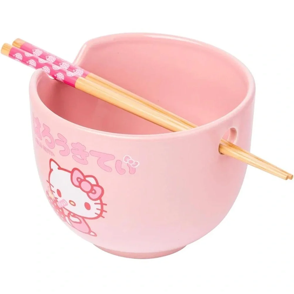 Hello Kitty Adorable Pink Red Strawberry Pottery Ramen Bowl::Notched Chopsticks